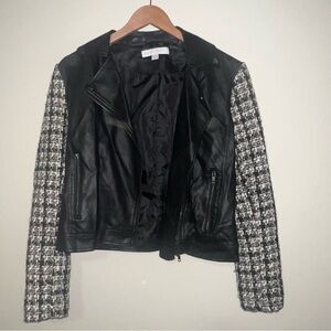Black Leather Jacket with White Tweed Sleeves